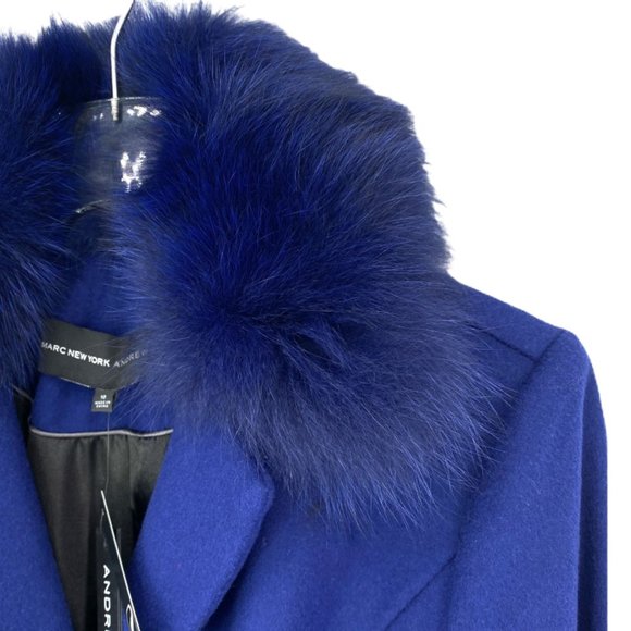 Women’s Blue Andrew Marc Wool Blend Detachable Fox Fur Collar Size 10 - Picture 10 of 12